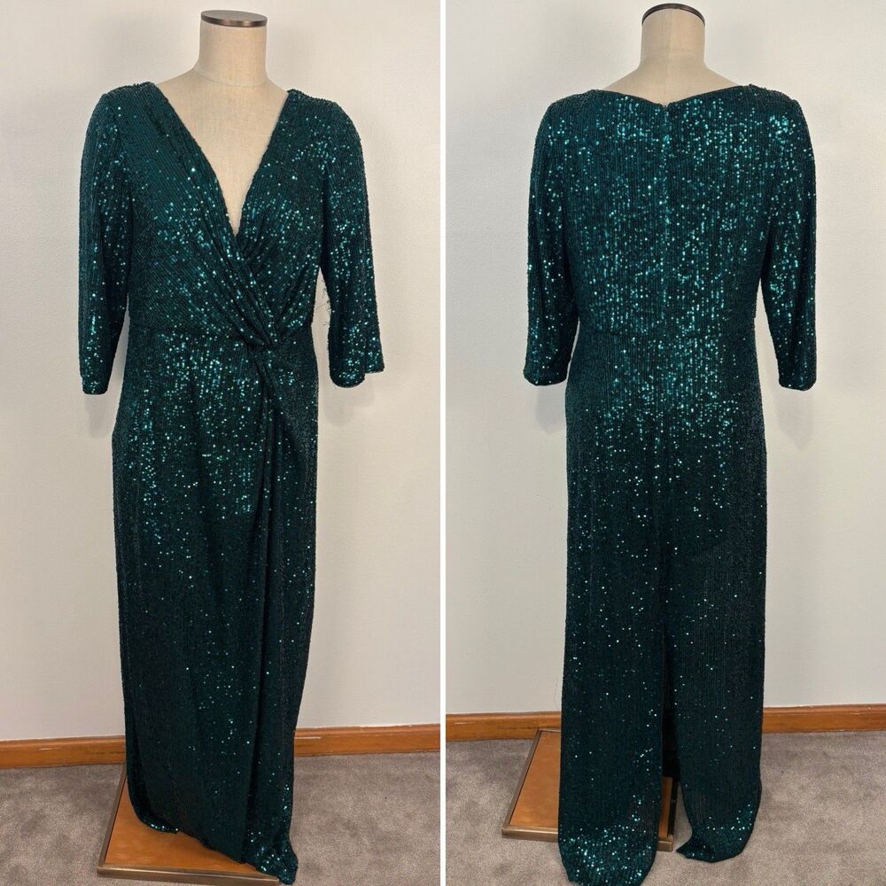 Alex Evenings Womens 14W Green Sequins Maxi Formal Sparkle Gown Dress Flaw READ